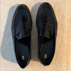 Zara Black Leather Penny Loafers Soft Ruched Loafer